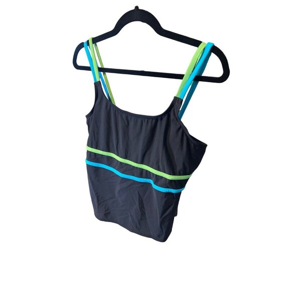 Inches Off Swimwear Black Green Blue Stripe Detail Tankini Top Sz 12 - Picture 2 of 7